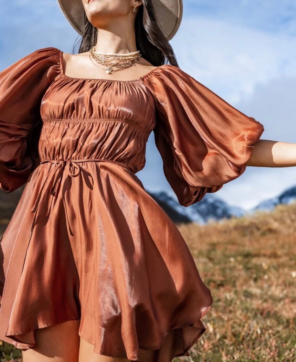 Altar'd State Soleil Shimmer Puff Sleeve Mini Dress XS Milkmaid Tan Babydoll